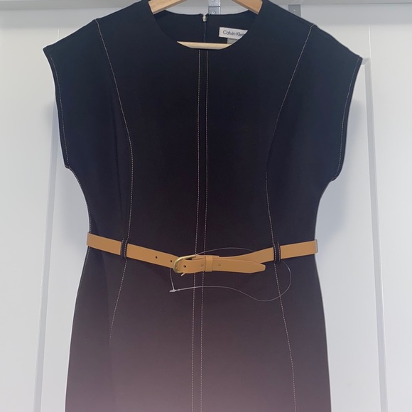 NWT! Belted Cap Scuba Sheath Dress - Black/Caramel - Picture 3 of 5